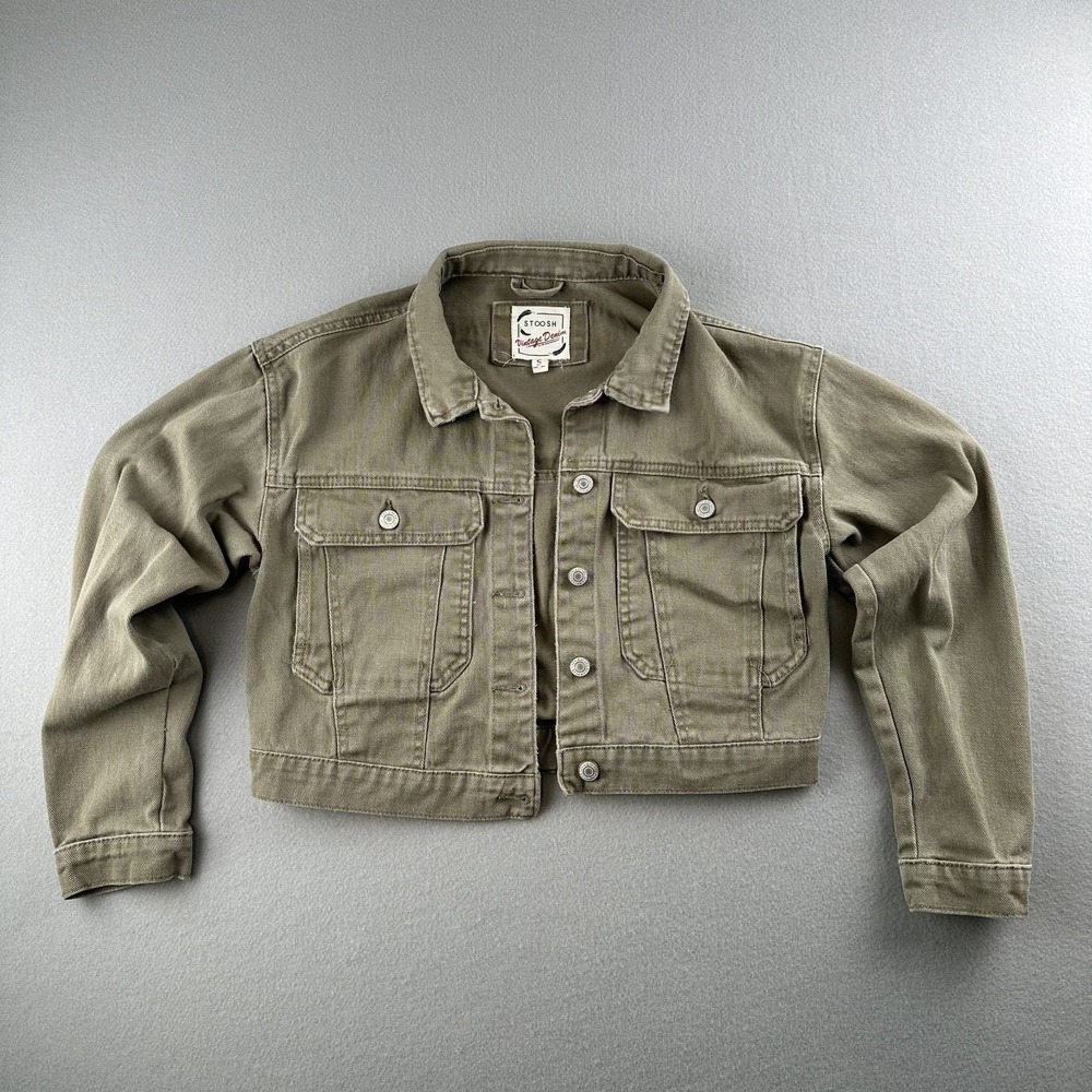 Stoosh Denim Jacket Womens Small Olive Green Cropped Trucker Cotton KJR1901